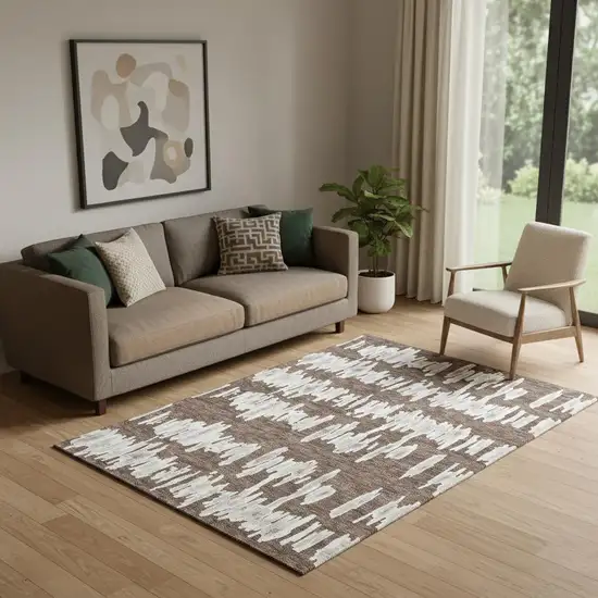 Brown And Beige Striped Washable Area Rug With UV Protection Photo 1
