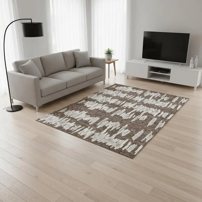 Brown And Beige Striped Washable Area Rug With UV Protection Photo 2