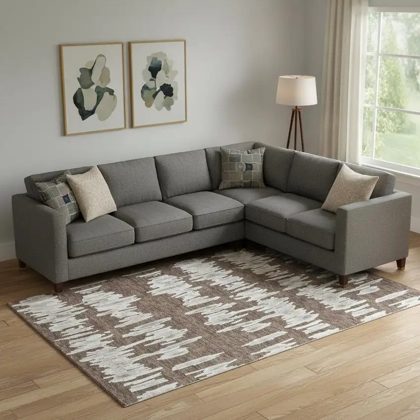 Brown And Beige Striped Washable Area Rug With UV Protection Photo 1