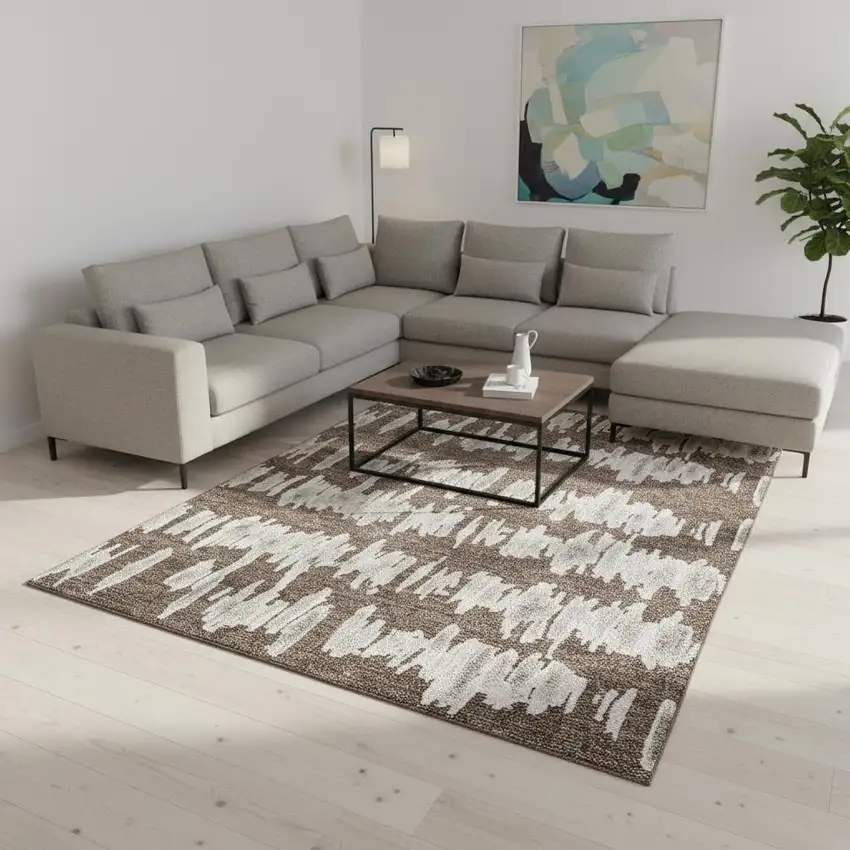 Brown And Beige Striped Washable Area Rug With UV Protection Photo 2