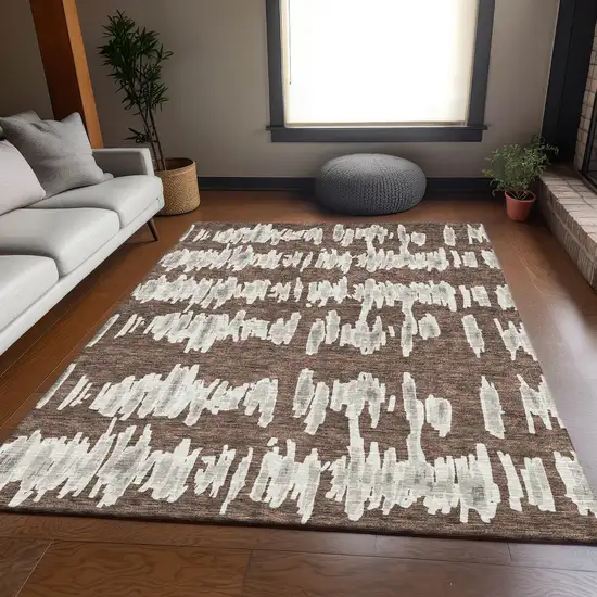 Brown And Beige Striped Washable Area Rug With UV Protection Photo 6