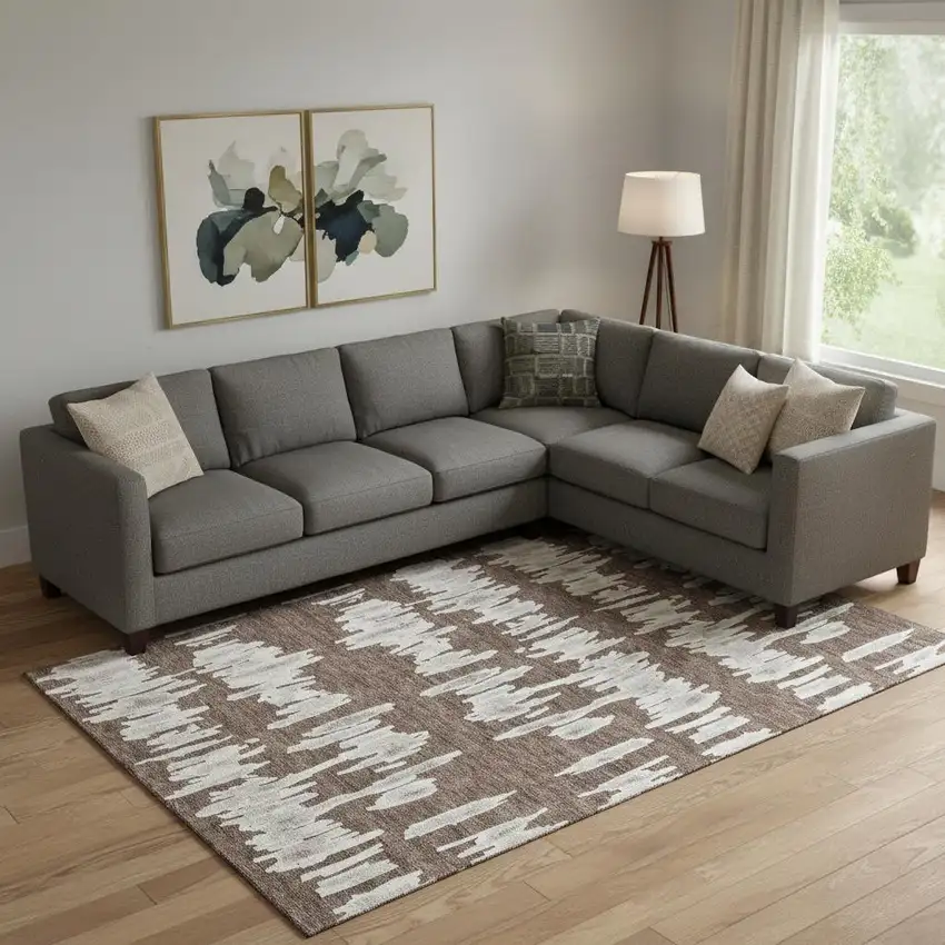 Brown And Beige Striped Washable Area Rug With UV Protection Photo 1