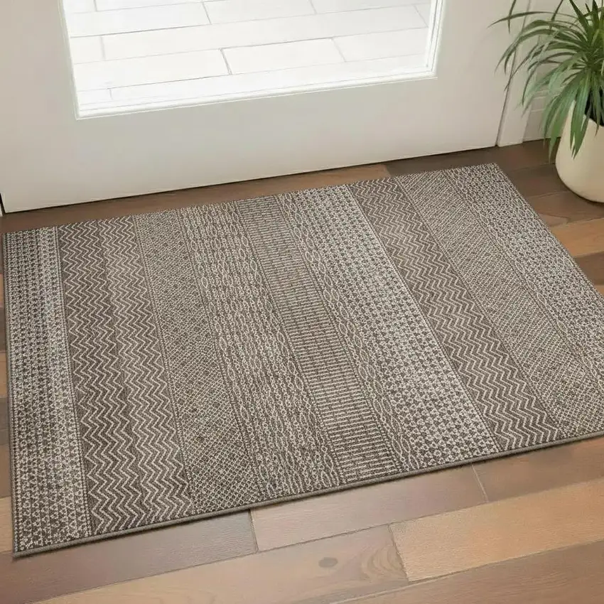 Brown And Beige Striped Washable Area Rug With UV Protection Photo 1