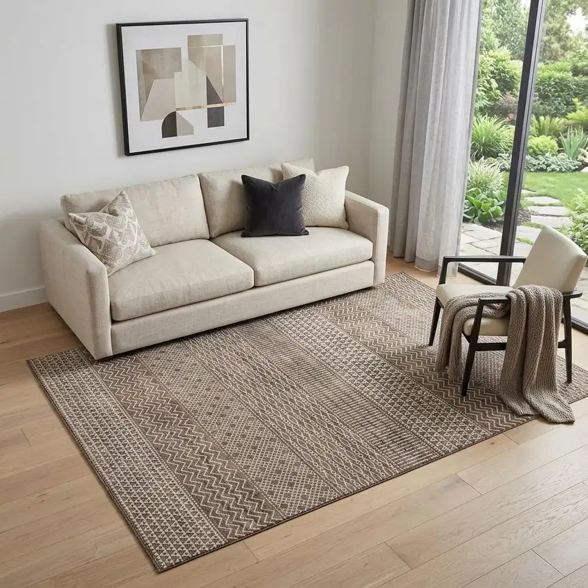 Brown And Beige Striped Washable Area Rug With UV Protection Photo 1