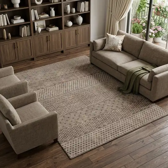 Brown And Beige Striped Washable Area Rug With UV Protection Photo 1