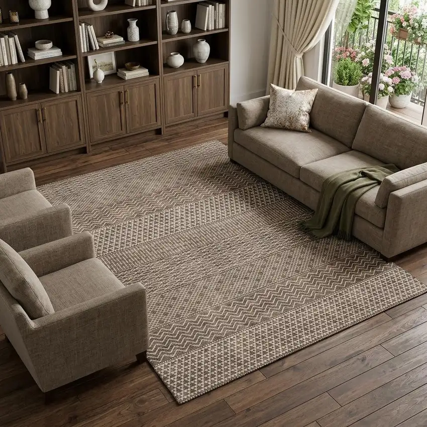 Brown And Beige Striped Washable Area Rug With UV Protection Photo 1