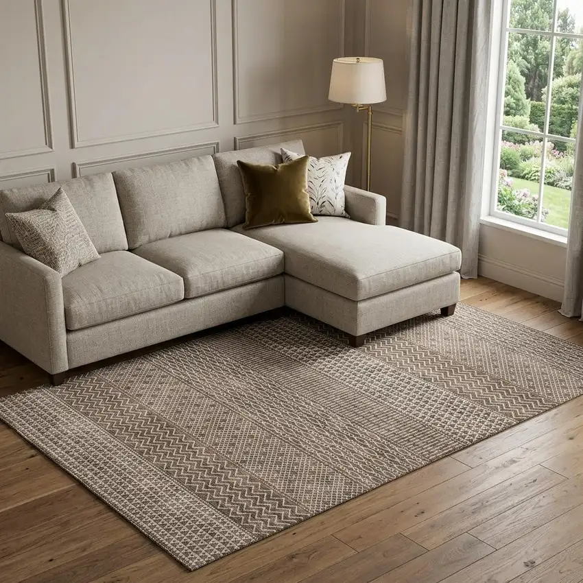 Brown And Beige Striped Washable Area Rug With UV Protection Photo 1