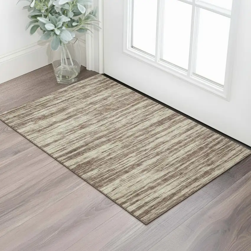 Brown And Beige Striped Washable Area Rug With UV Protection Photo 1