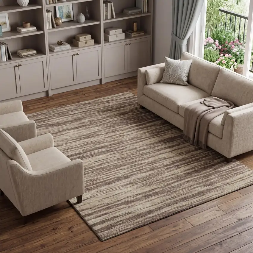 Brown And Beige Striped Washable Area Rug With UV Protection Photo 1