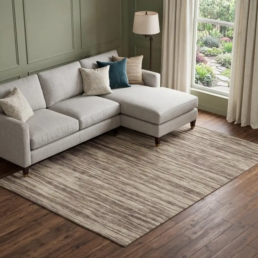 Brown And Beige Striped Washable Area Rug With UV Protection Photo 1