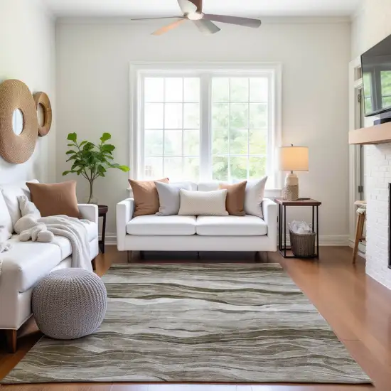 Brown And Beige Striped Washable Area Rug With UV Protection Photo 5