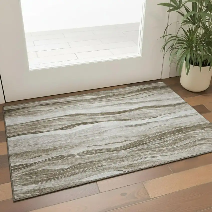 Brown And Beige Striped Washable Area Rug With UV Protection Photo 2
