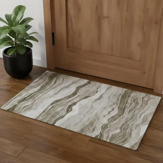 Brown And Beige Striped Washable Area Rug With UV Protection Photo 1