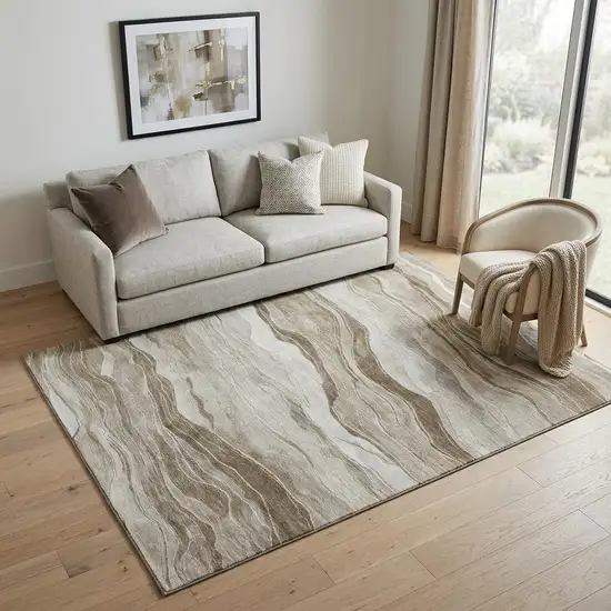 Brown And Beige Striped Washable Area Rug With UV Protection Photo 1