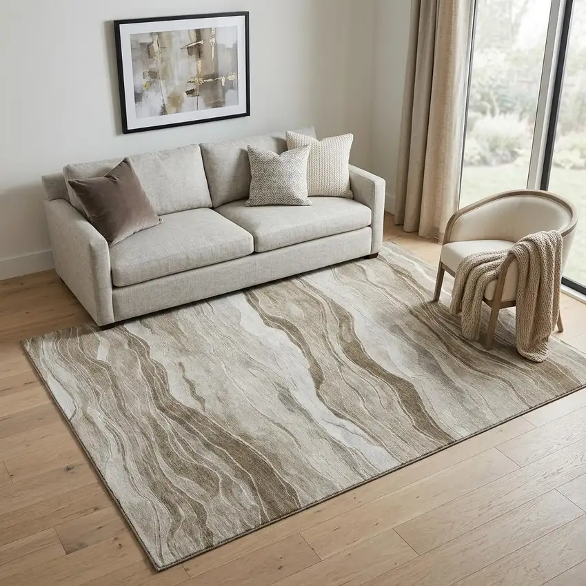 Brown And Beige Striped Washable Area Rug With UV Protection Photo 1