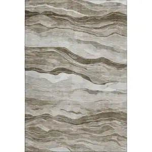 Photo of Brown And Beige Striped Washable Area Rug With UV Protection