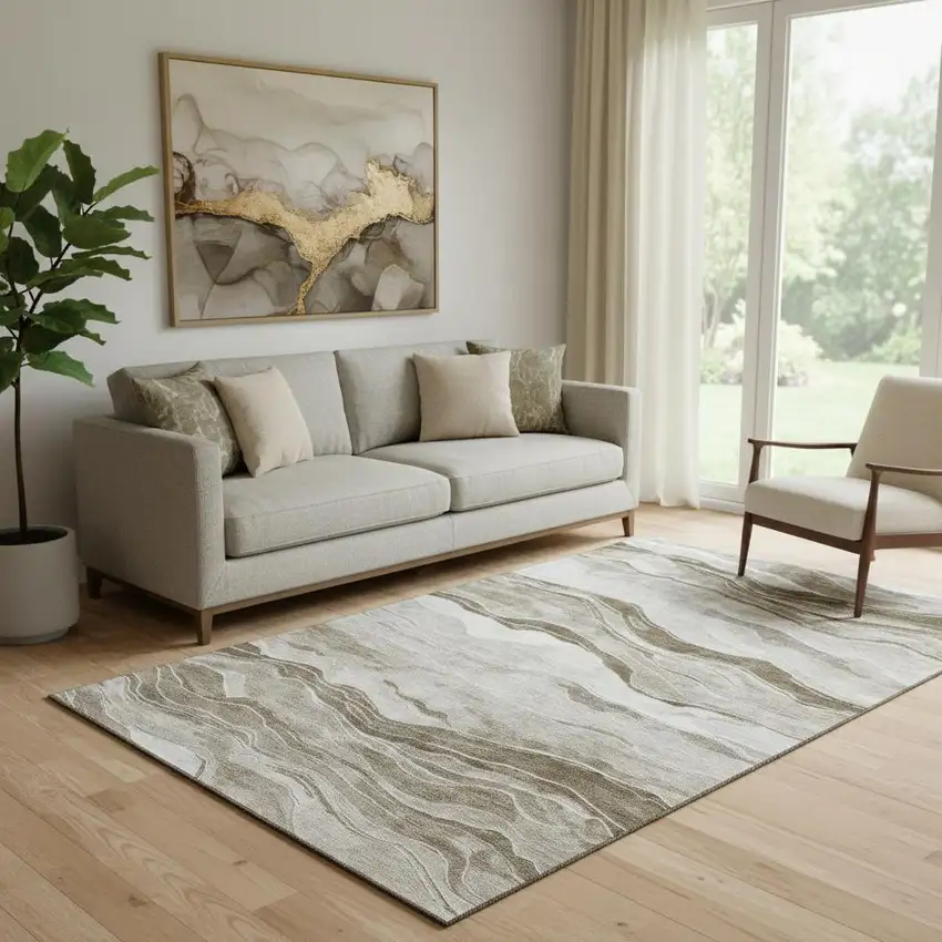 Brown And Beige Striped Washable Area Rug With UV Protection Photo 2