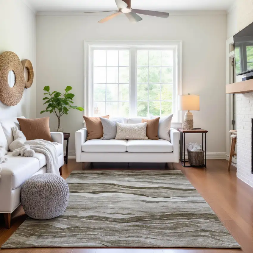 Brown And Beige Striped Washable Area Rug With UV Protection Photo 5