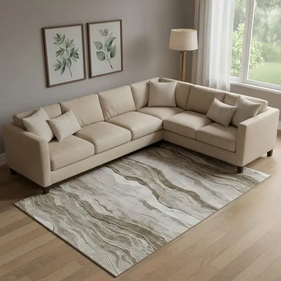 Brown And Beige Striped Washable Area Rug With UV Protection Photo 2