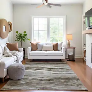 Photo of Brown And Beige Striped Washable Area Rug With UV Protection