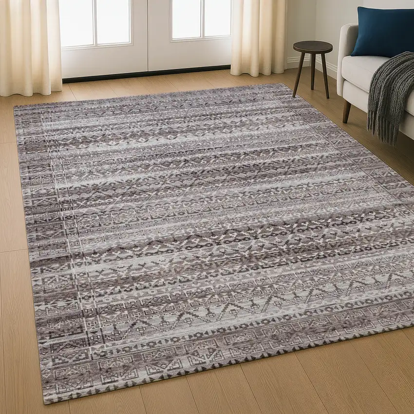 Brown And Beige Striped Washable Area Rug With UV Protection Photo 5