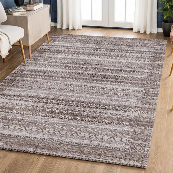 Brown And Beige Striped Washable Area Rug With UV Protection Photo 5