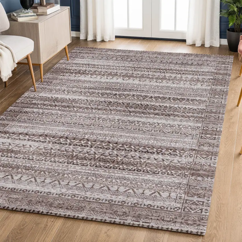 Brown And Beige Striped Washable Area Rug With UV Protection Photo 5
