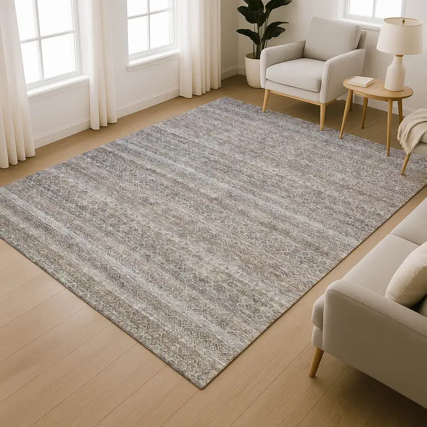 Brown And Beige Striped Washable Area Rug With UV Protection Photo 6