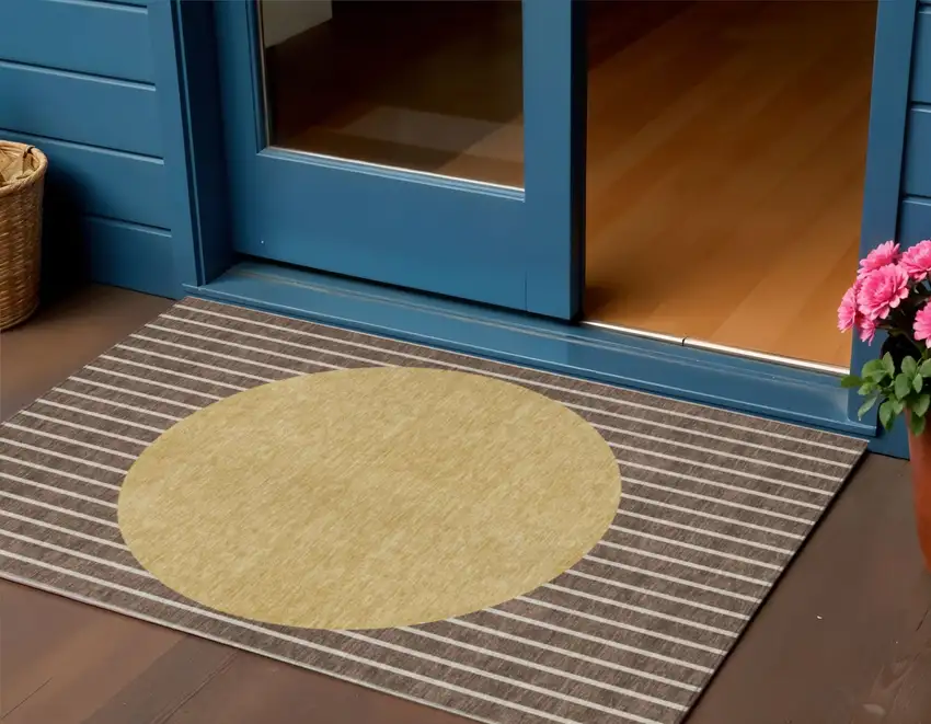 Brown And Beige Striped Washable Indoor Outdoor Area Rug Photo 1