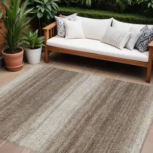 Photo of Brown And Beige Striped Washable Indoor Outdoor Area Rug
