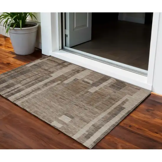 Brown And Beige Striped Washable Indoor Outdoor Area Rug Photo 1