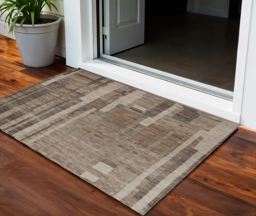 Brown And Beige Striped Washable Indoor Outdoor Area Rug Photo 1