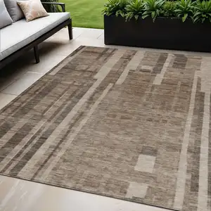 Photo of Brown And Beige Striped Washable Indoor Outdoor Area Rug