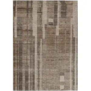 Photo of Brown And Beige Striped Washable Indoor Outdoor Area Rug