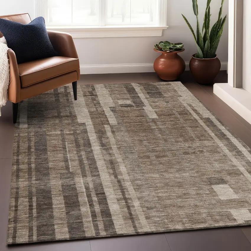Brown And Beige Striped Washable Indoor Outdoor Area Rug Photo 8