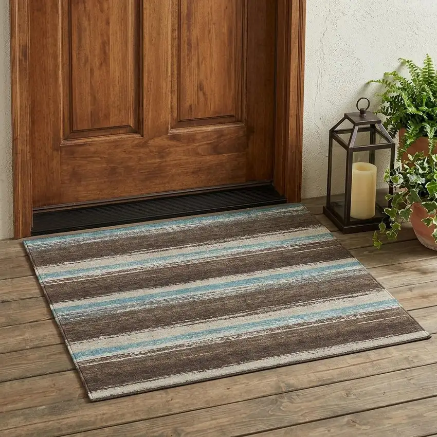 Brown And Beige Striped Washable Indoor Outdoor Area Rug Photo 1