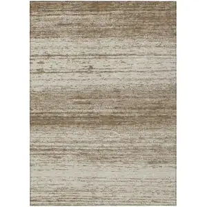 Photo of Brown And Beige Striped Washable Indoor Outdoor Area Rug