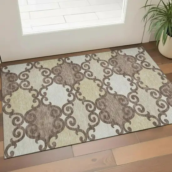 Brown And Beige Trellis Washable Area Rug With UV Protection Photo 1