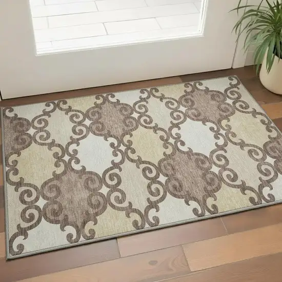 Brown And Beige Trellis Washable Area Rug With UV Protection Photo 2