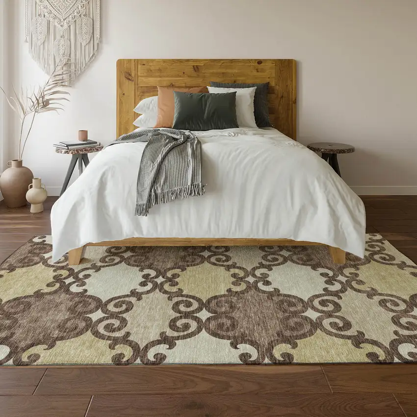 Brown And Beige Trellis Washable Area Rug With UV Protection Photo 6