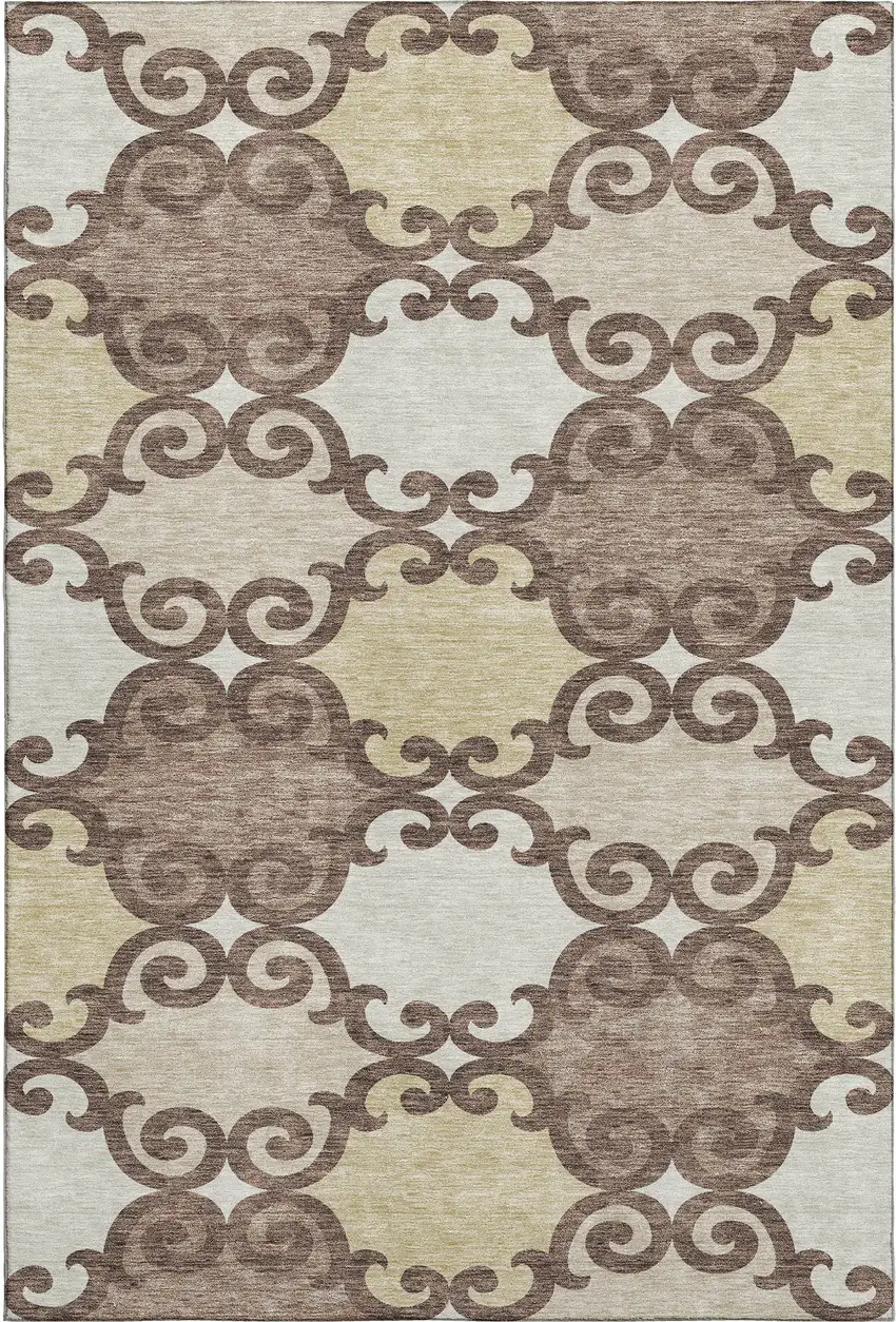 Brown And Beige Trellis Washable Area Rug With UV Protection Photo 1