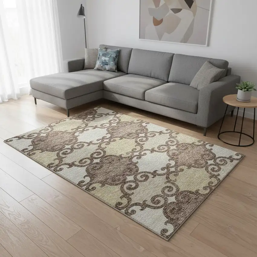 Brown And Beige Trellis Washable Area Rug With UV Protection Photo 2