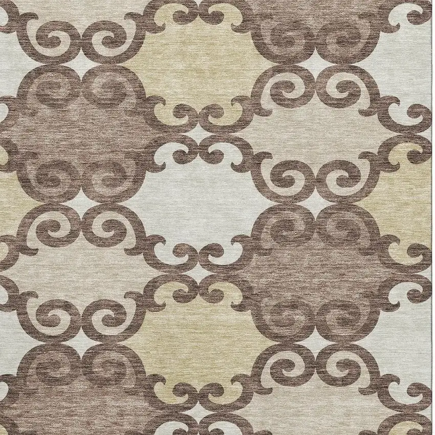 Brown And Beige Trellis Washable Area Rug With UV Protection Photo 4