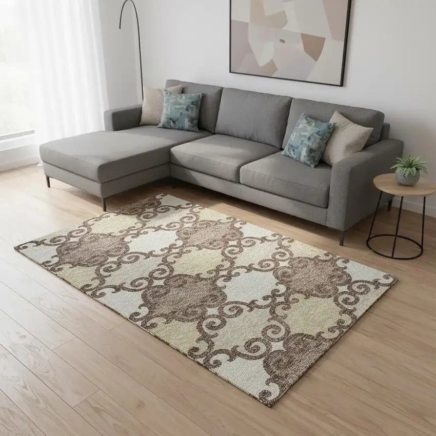 Brown And Beige Trellis Washable Area Rug With UV Protection Photo 2