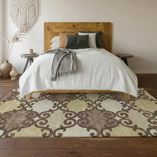 Brown And Beige Trellis Washable Area Rug With UV Protection Photo 6