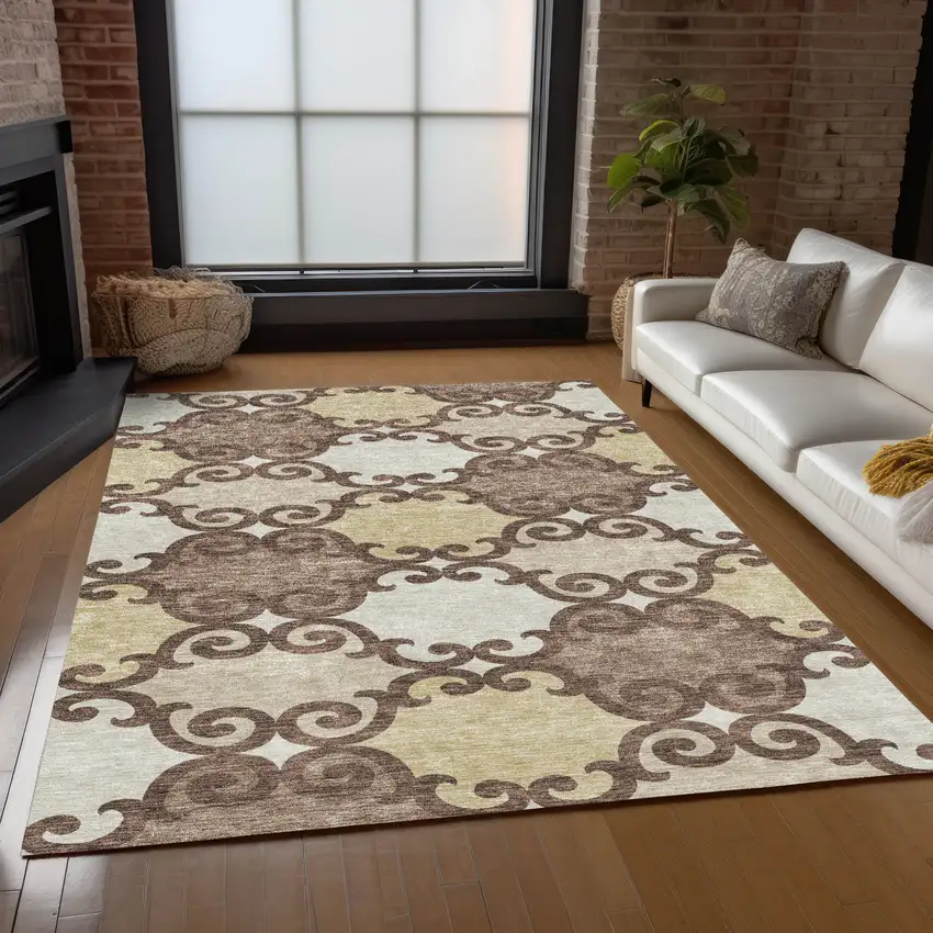 Brown And Beige Trellis Washable Indoor Outdoor Area Rug Photo 9
