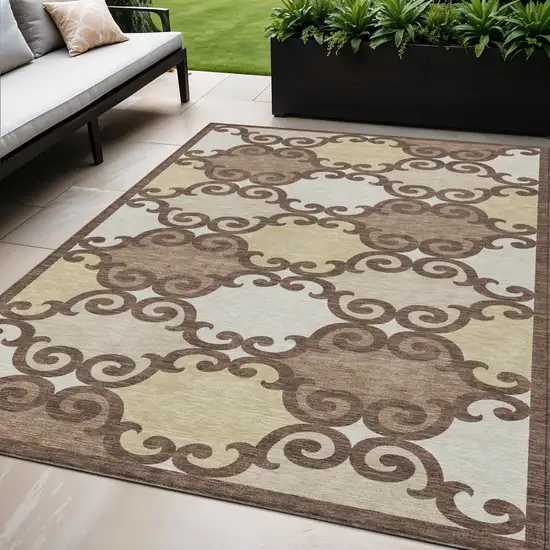Brown And Beige Trellis Washable Indoor Outdoor Area Rug Photo 1