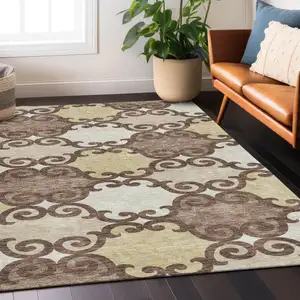 Photo of Brown And Beige Trellis Washable Indoor Outdoor Area Rug