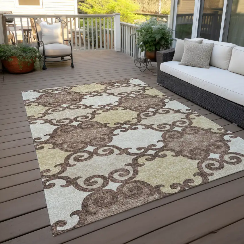 Brown And Beige Trellis Washable Indoor Outdoor Area Rug Photo 8