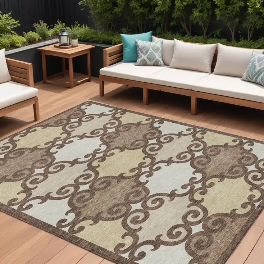 Brown And Beige Trellis Washable Indoor Outdoor Area Rug Photo 1